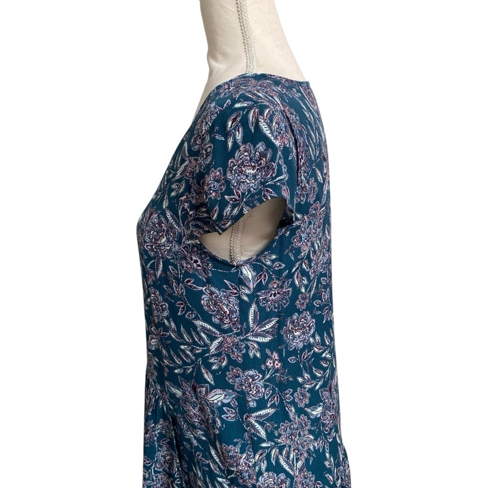 Garnet Hill Teal Floral Dress XS 0 V Neck Pleated Pockets Lined Viscose - Picture 6 of 15